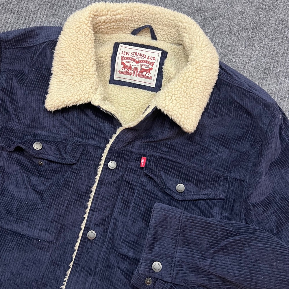 Levis Mens Navy Blue Corduroy Sherpa Lined Trucker Jacket Zip Snap Front XXL